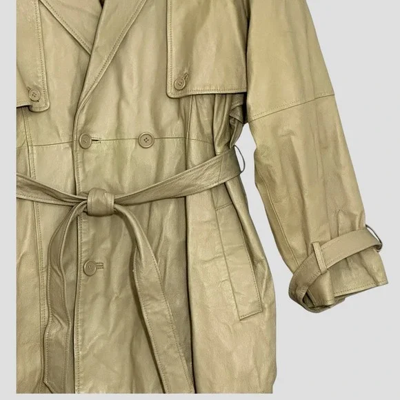 VTG COUGAR Mens‎ Coat XL Beige 100% Leather Belted Trench Zip Out Lining Classic